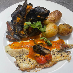 Baked seabass with mussels and potatoes collection and delivery